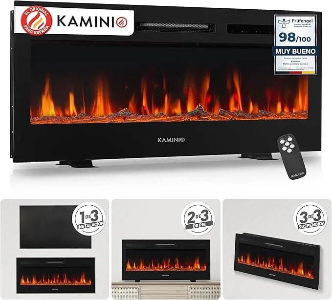 KAMINIO Eléctrica Chimenea Marlon - Chimenea eléctrica 3 en 1 con calefacción, Efecto de Llama 3D, 12 Colores de Llama, Control Remoto (42 Pulgada)