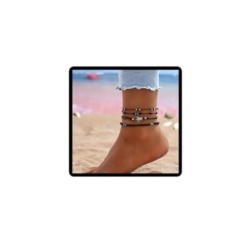 Cubahop 4 pulseras de tobillo negras de tortuga marina en capas, accesorios de verano para mujer, joyería para mujer, talla única, Metal, No es una piedra preciosa