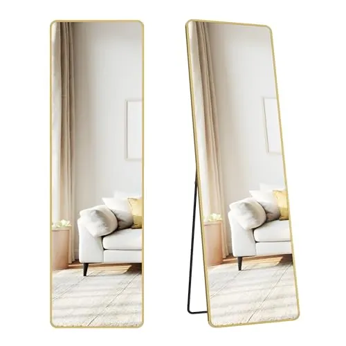 SONGMICS Espejo de Cuerpo Entero, 150 x 40 cm, de Pie, con Soporte | Espejo Rectangular, Marco de Aleación de Aluminio, Cristal Templado, Dorado Pálido, Colección BERIT LFM034AB01