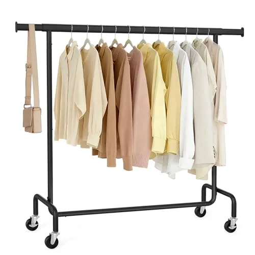 SONGMICS Burro Ropa con Ruedas, Perchero Burro Extensible con Carga Pesada, Capacidad de Carga de 130 kg, 45 x (110-150) x 162,9 cm, Fácil de Montar, Portátil, Negro Mate HSR011B01