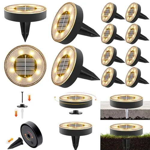iBaycon Luces Solares para Jardín Exterior, Luces Solares De Suelo en Color Blanco Cálido, Paquete de 12 Luces Impermeables con 8 Led En Forma De Disco para Iluminación De Caminos,Jardines Patios