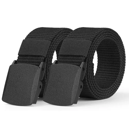 Aomig Cinturón de Nylon, 2pcs Cinturón Canvas sin Agujeros para Hombre, Cinturón Trenzado con Hebilla Plástica para Hombre, para Pantalones Vaqueros, Pantalones Informales (Negro)