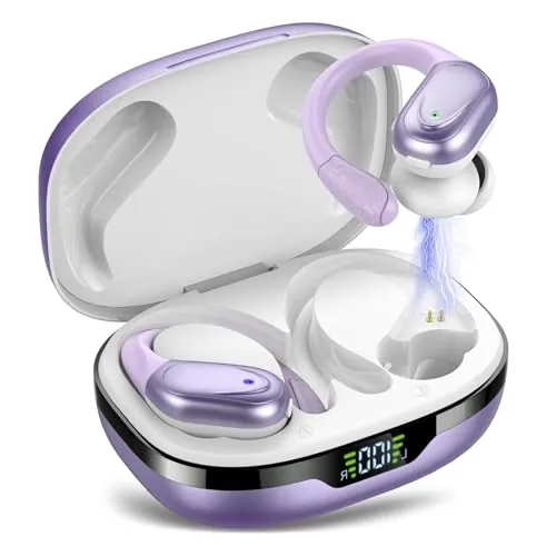 Auriculares Inalambricos, Auriculares Bluetooth 5.3 Deportivos con Gancho de la Oreja, 60H de Reproducción, Pantalla LED, Llamada ENC HD, Profundamente Bajo, Ajuste Cómodo, IPX7 Blanco Morado