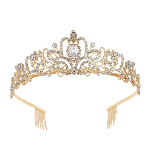 Yuannee Corona Princesa de Cristal y Dorada,Corona de Novia y Cumpleaños Tiara Elegante para Mujer y Niña Fiestas o Eventos Especiales Tiara de Dorada Diadema para Princesas o Novias