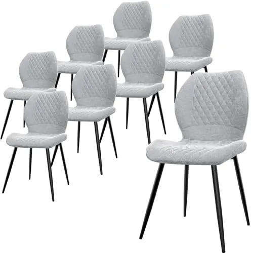 LEWE Juegos de 8 Sillas de Comedor de Lino, Estilo Moderno a Cuadros | Silla de Cocina sin Brazos, Pata de Metal, Tapizadas, Patas Metálicas, para Restaurante, Cocina, Salón, Dormitorio, Gris