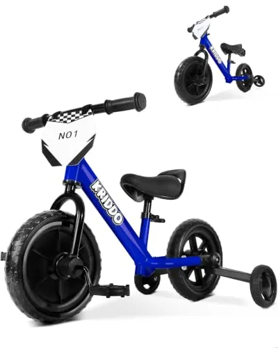KRIDDO Triciclo Evolutivo y Bicicleta sin Pedales, 18 Meses-3 Años, Azul | Triciclo bebé y bici sin pedales 2 en 1, pedales y ruedines desmontables, placa personalizable, sillín y manillar ajustables