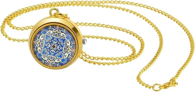 JEWELRYWE Reloj de bolsillo clásico para mujer, chapado en oro, redondo, analógico, reloj de cuarzo, collar con cadena, para el día de San Valentín, Floral, Moderno