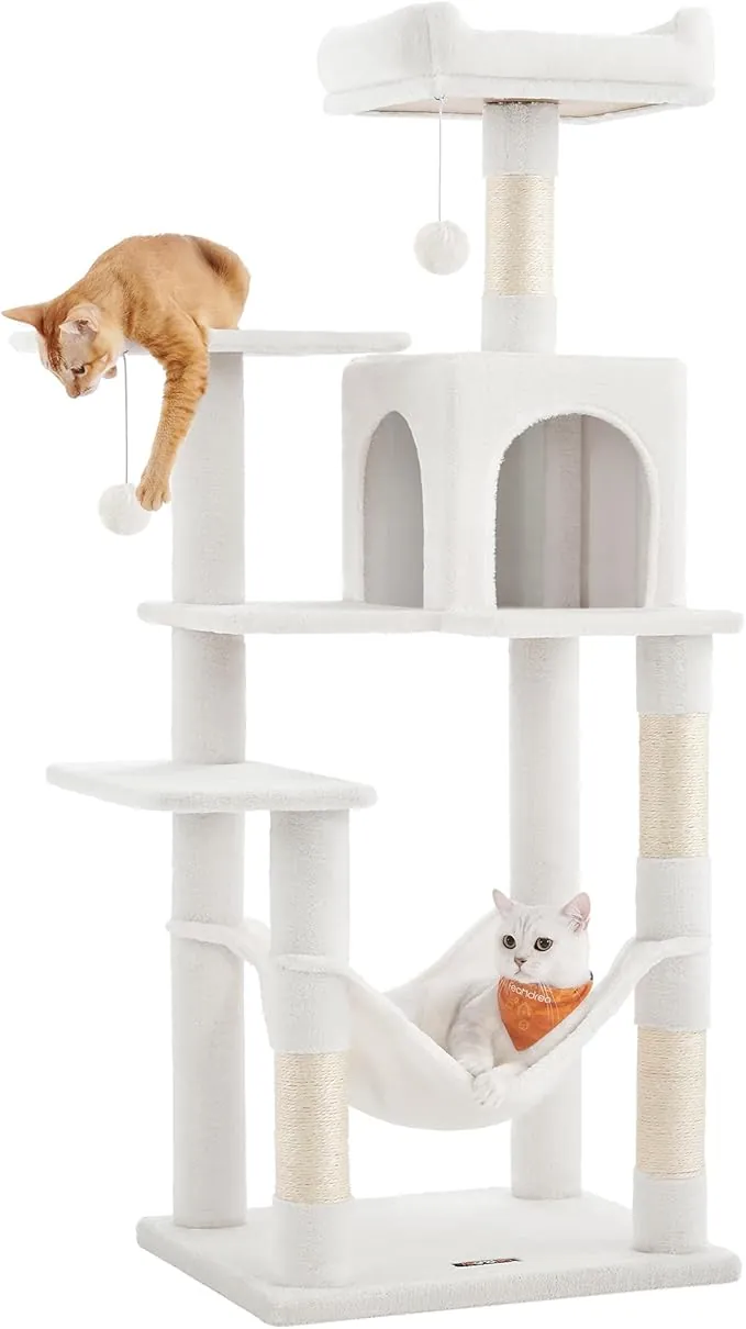 Feandrea Árbol para Gatos, Altura 143 cm, Torre de Gatos, con 4 Postes Rascadores, 2 Plataformas, 1 Cueva, 1 Hamaca, 2 Pompones, Tela de Felpa, Multinivel, Blanco Crema PCT161T01