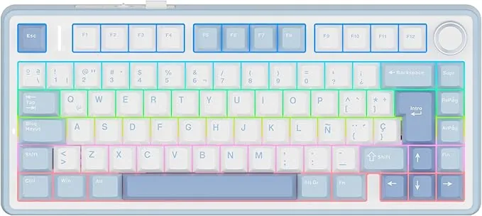 EPOMAKER Aula F75 ISO-ES Teclado Mecánico Español con Perilla, Teclado Inalámbrico Gaming, BT/2.4G/USB, Gasket Cremoso, Retroiluminación RGB, Hot-Swap, 75%, PBT Keycap (Azul Sal Marina)
