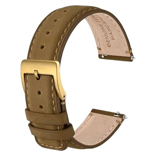 ANBEER 18mm Correa de reloj de cuero auténtico,correa de liberación rápida con hebilla de acero inoxidable,Marrón camel con hebilla dorada