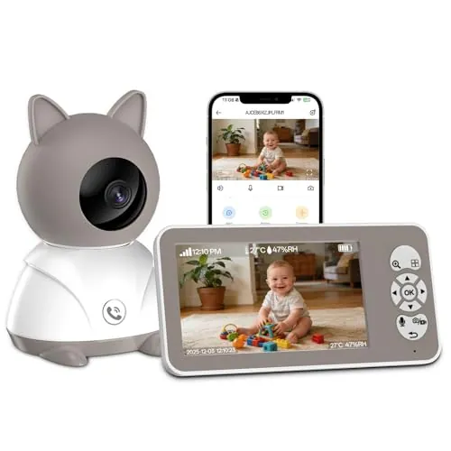 veorkide Camara Vigilancia Bebe 2K/5” - Vigilabebes con Camara Bebe con PTZ 355°/60° + Zoom 4X Visión Nocturna IR Detección Movimiento Auto, VOX, Temp/Humedad Grabación