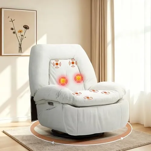 ALEAVIC Sillón de Relax eléctrico de Masaje,calefacción, vibración, Masaje, sillón Giratorio, con Puertos Tipo C y USB, 1 Bolsillo Lateral, sillón reclinable para TV, salón (Blanco)