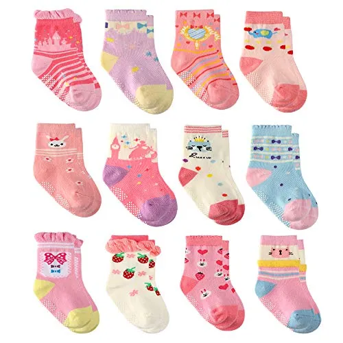Cottock 12 Pares de Calcetines Antideslizantes para Niñas Pequeñas Algodón, Calcetines Antideslizantes para Bebé Niñas (12 pares princesa, 1-3 años)