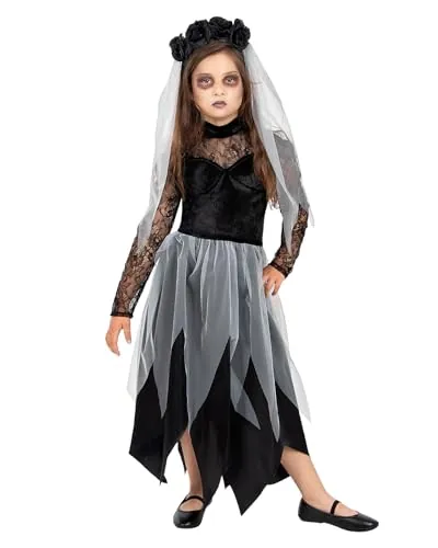 Funidelia Disfraz de novia fantasma para niña, Incluye vestido y diadema con flores y velo Zombie - Traje para niños para fiestas, Carnaval y Halloween - Talla 7-9 años