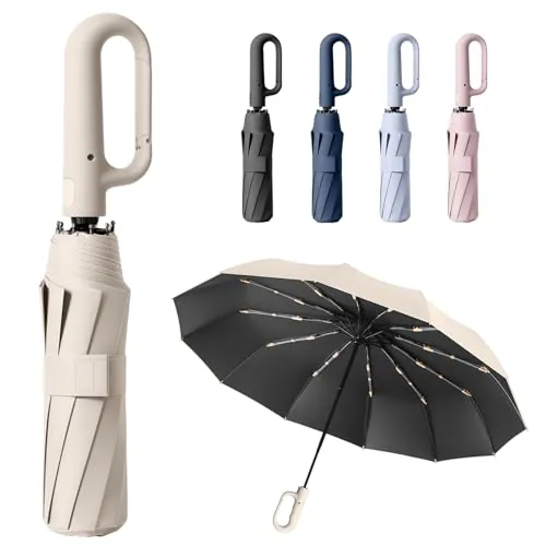 HCQC Paraguas Plegable Antiviento – Resistente al Viento, Portátil y Compacto de Viaje, con Revestimiento de Tela Duradera (Beige)