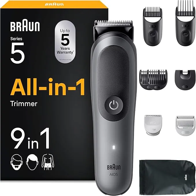 Braun Recortadora Todo En Uno Series 5, AIO5545, Kit De Styling 9en1 Para Barba, Pelo, Orejas, Nariz y Cuerpo, 120 Min, Cortapelos Hombre Con Lámina Ultra Afilada, Recorte Preciso Y Eficiente, Gris