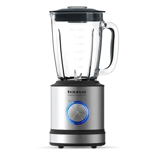 Taurus 1600 - Batidora de vaso, 1600 W, jarra cristal, 1.75 L, cuchillas de 6 filos, 5 velocidades + pulse, pica hielo, acero inoxidable, selector iluminado, inox