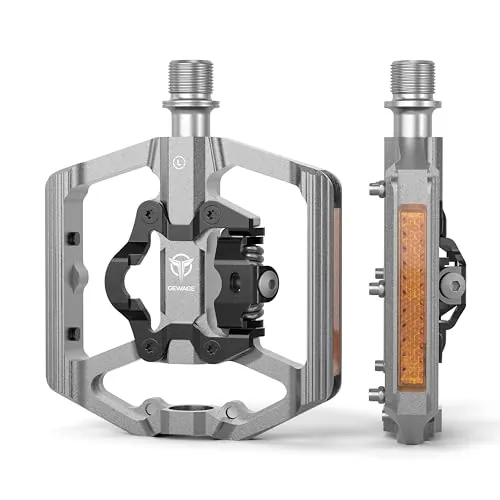 GEWAGE Pedales de Bicicleta de montaña con Reflector - Plataforma de 9/16 Pulgadas y Pedales automáticos compatibles con SPD - Pedales de Bicicleta con 3 rodamientos sellados (Sliver)