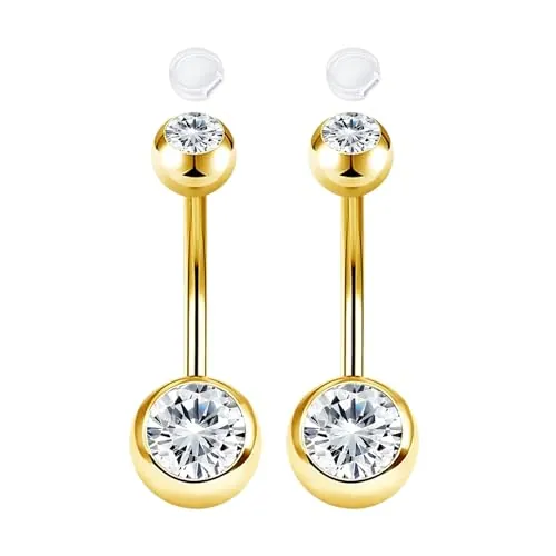 AceFun 2 piercing ombligo acero quirurgico 12mm oro con 2 tapones antideslizantes de silicona para mujer curvado CZ transparente con rosca exterior Joyas para piercings bonitas