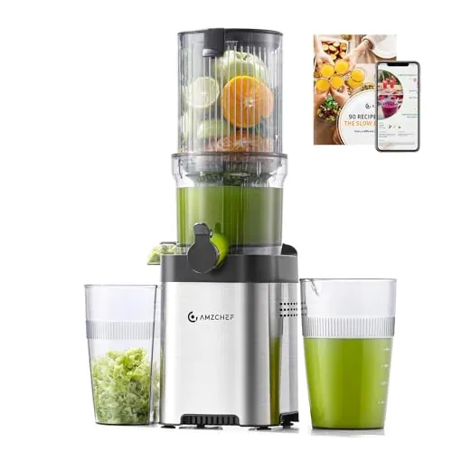 AMZCHEF Extractor de Zumos, Slow Juicer con Apertura de 120MM, Capacidad de 2 L, Licuadora Prensado en Frío para Frutas y Verduras Enteras, Cuerpo de Acero Inoxidable, Fácil Montaje y Limpieza, Plata
