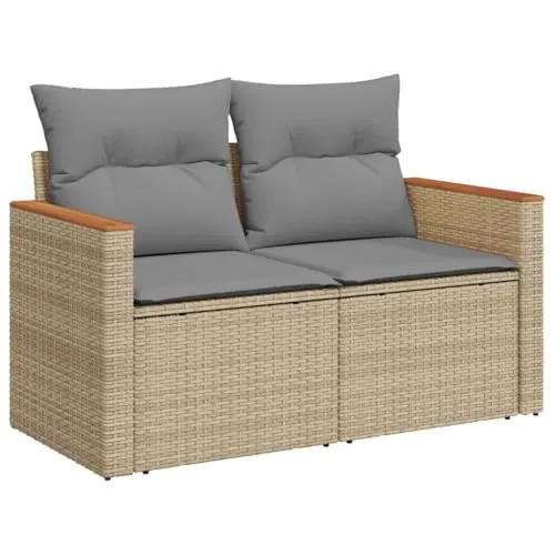 vidaXL Sofá de Jardín de 2 Plazas con Cojines, Sillón de Exterior, Sofá Modular, Asiento para Patio Terraza Balcón, Ratán Sintético Beige