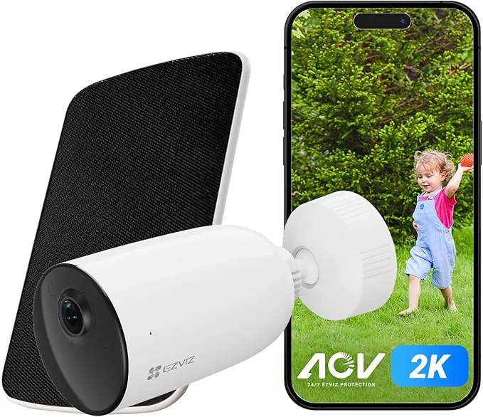 EZVIZ CB3 Kit Cámara de Vigilancia WiFi Exterior con Panel Solar,2K Cámaras WiFi con AOV Modo(Modo Siempre Activo),Visión Nocturna en Color,Batería Incorporada,Detección Humana PIR,Audio Bidireccional