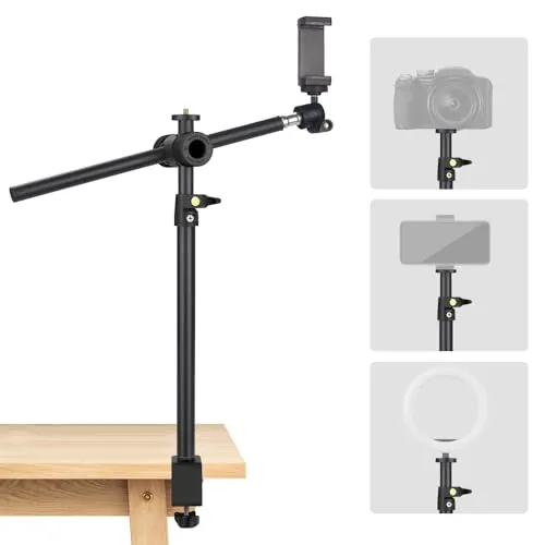 JEBUTU OS01 Trípode de Mesa Trípode para Teléfono Móvil, 32.5-55cm Soporte Ajustable para Cámara Pequeña, Trípode de Pinza con Brazo Flexible y Cabeza Esférica de 1/4" para Webcam, Cámara Pequeña