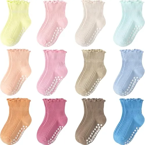 Aroveea Medias Antideslizantes para Bebés y Niñas Pequeñas, con Volantes y Sujeción, Algodón, 12 Pares, 6-12 Meses