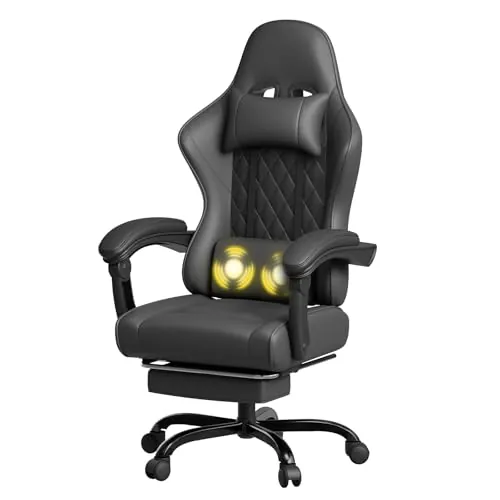 JUMMICO Silla Gaming con Masaje, Butaca Reclinable Ergonómica con Reposapiés y Reposacabezas, Silla de Ordenador y Silla de Trabajo, Soporta 150 kg, Cómoda y Elegante,Negro