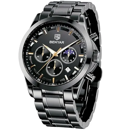 Benyar - Reloj para Hombre, Resistente al Agua, cronógrafo Luminoso, clásico, Relojes de Pulsera de Piel, Gran Esfera Fecha, analógica y antiarañazos, Regalo Elegante (Negro y Negro), Azul Plata-B,
