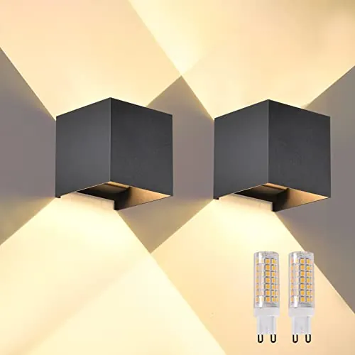 FUPE 2 Piezas Aplique de Pared Exterior Interior Bombilla LED G9 Reemplazable Lámparas de Pared Moderno Negro 3000K IP65 Impermeable Apliques de exterior cuadrada de aluminio Ángulo de luz ajustable