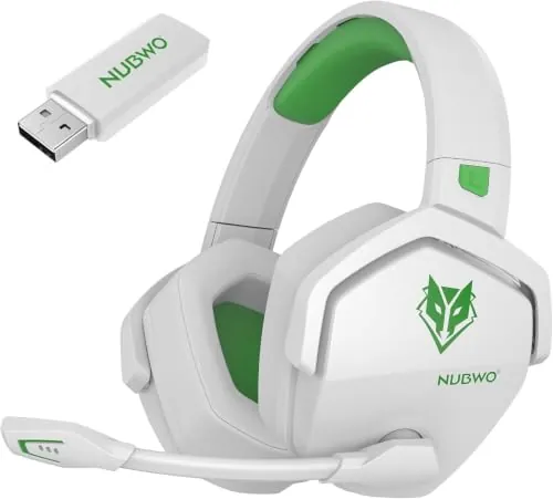 NUBWO G06 Cascos Gaming Inalámbricos con Drivers de 50 mm para PC/Ps5/Ps4/NS,Auriculares Gaming Inalámbricos con 2.4 GHz+Bluetooth 5.3 Modo Dual,7.1 Sonido Envolvente,Duración 100Hr+ - Blanco/Verde