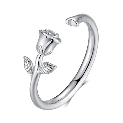 Qings Anillo Flor Rosa Mujer Plata de Ley 925 Anillos Abierto Ajustables Joyería Regalo Romántico para Mujeres y Niñas