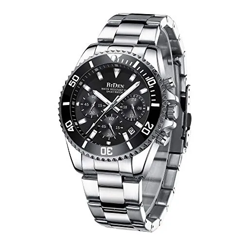 HANPOSH Reloj Hombre Cronógrafo de Acero Inoxidable Impermeable Fecha Analógica Reloj de Cuarzo de Negocios Casual Moda Relojes de Pulsera para Hombres