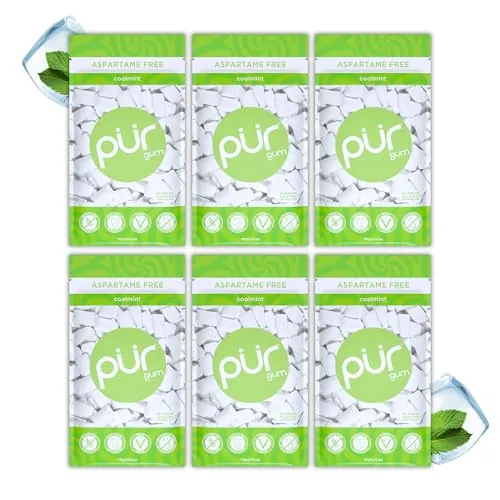 PUR Gum chicle sin azúcar con xilitol, vegano, sin aspartamo y sin gluten, sabor coolmint, 55 piezas (paquete de 6)