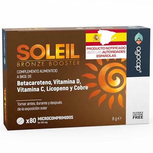 Acelerador Bronceado, SOLEIL - 80 tabletas con betacaroteno, Cobre, Selenio, Licopeno, Vitamina C,D,E,B. Suplemento acelerador de bronceado, Betacaroteno capsulas, acelera y mantiene la piel dorada