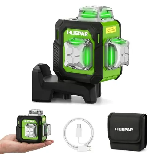Huepar Nivel Láser 3D Verde Compacto 3x360° Autonivelante, Ideal para Espacios Reducidos, 30m Nivel Laser Profesional con Recargable USB-C, Modo Pulso 70m, Soporte Magnético para Obras y Bricolaje
