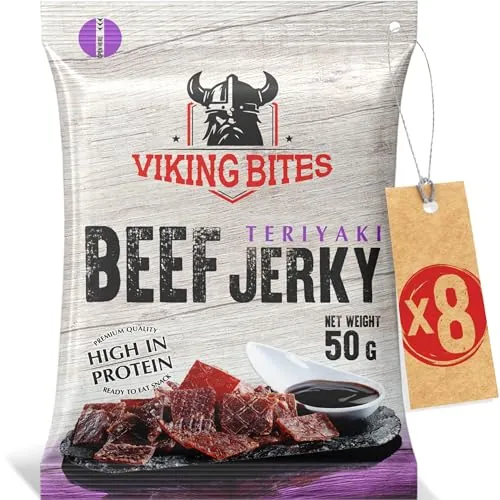 Viking Bites Beef Jerky con Teriyaki 400g (8 x 50 g) - Cecina de ternera - Aperitivo de carne - Con un alto contenido de proteínas