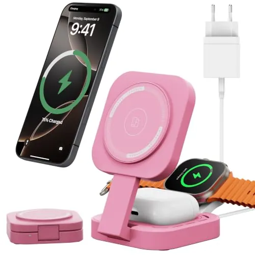 Carga inalámbrica 3 en 1 para Apple Dispositivo, Mini Estación Carga Plegable para Magsafe para iPhone 17/Air/16/15/14/13/12 Serie, Apple Watch Serie y AirPods Pro/2/3/4(Adaptador Incluido) (Rosa)