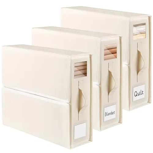 JAECU 3 Piezas Caja Organizador Sabanas, Tela Oxford Organizador de Ropa de Cama Plegable con Ventana y Etiquetas, para Debajo de Camas, Armarios, Cajones (Beige)