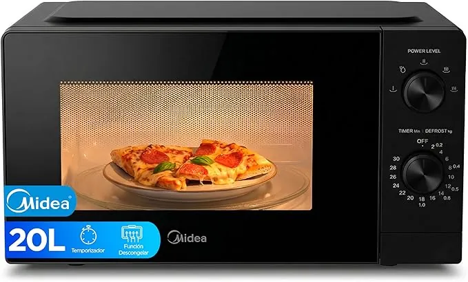 Midea Microondas 20 litros y 700 W de potencia | Microwave | Horno Microondas Negro de Sobremesa con Plato Giratorio, Función Descongelación, 5 Niveles de Potencia, Temporizador | Microondas sin grill