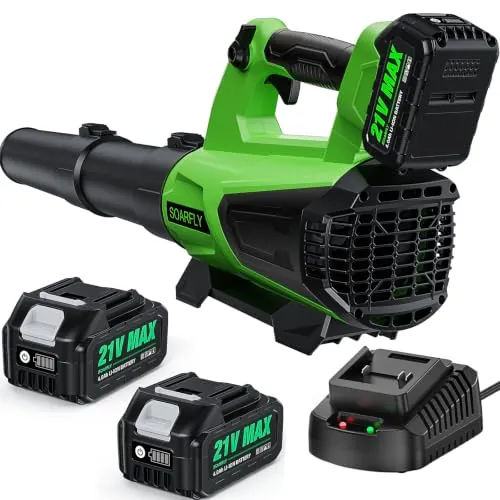 SOARFLY Soplador de Hojas a Batería con 2×4,0Ah Batería y Cargador, Motor 21V 19000 RPM, 257 km/h / 985 m³/h, Velocidad Variable, Ligero para jardín, terraza y Entrada