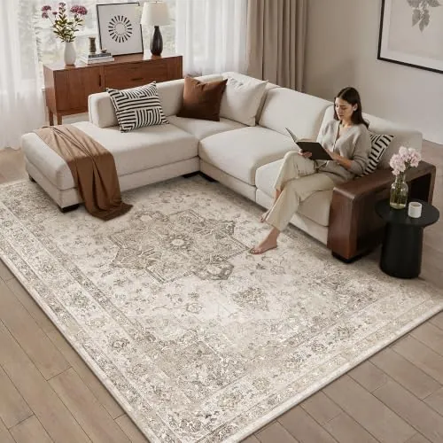 PureCozy Vintage Alfombra Salon 160x230cm Alfombras de Habitacion Beige Carpet Lavable Lavadora Pelo Corto Rug Antideslizante Tapetes para Sala Tapete Quarto Comedor Rugs