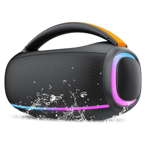 Ajblg Bluetooth 5.4 Altavoz Bluetooth Potente 80W, Impermeable IPX7 Altavoces Portátil Potente con 8000mAh Batería, Sonido Estéreo, USB/RGB/TWS/AUX/TF, Speaker con 2EQ para Exterior, Negro Elegante