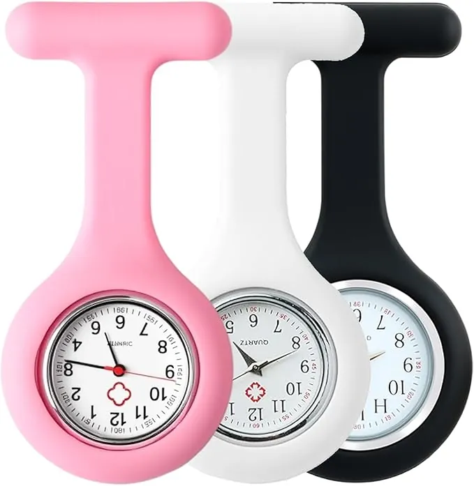 Relojes de Bolsillo de Silicona para Enfermeras - Pack de 3 Montre Infirmieres pour Blouse, Analógicos y Digitales, Regalos para Enfermeras y Médicos (Negro, Blanco y Rosa)