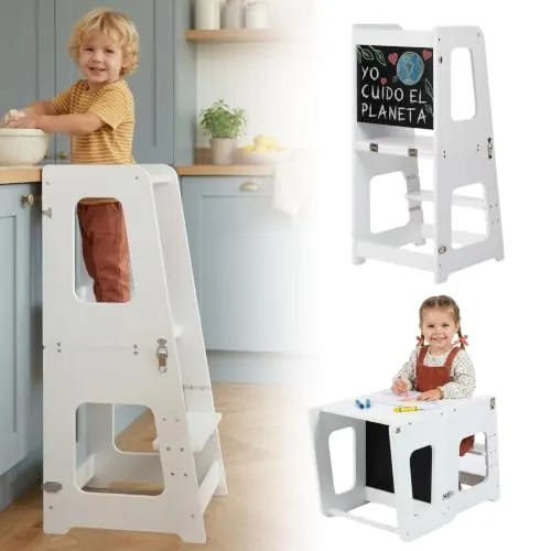 KYWAI Torre de Aprendizaje Montessori 3 en 1, Convertible en Mesa y Silla | 90 cm de altura para llegar a la encimera (no 80 como otras), escalón ajustable en 3 alturas, pizarra borrable, desde 1 año