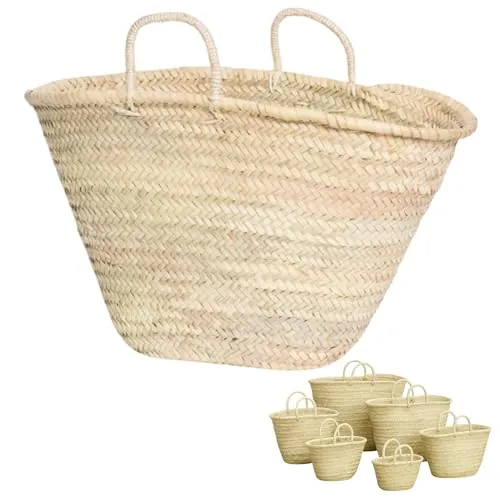 Cesto de Palma Natural Tejido a Mano, Bolso de Playa con Asas, Estilo Capazo Tradicional (A: 15 X 27 X 10)