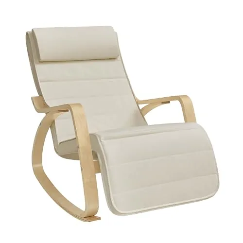SONGMICS Silla Mecedora con Apoyabrazos de Madera de Abedul, con Reposapiés Ajustable en 5 Posiciones, Capacidad de Carga Máxima 150 kg, Dormitorio, Salón, Beige LYY10M
