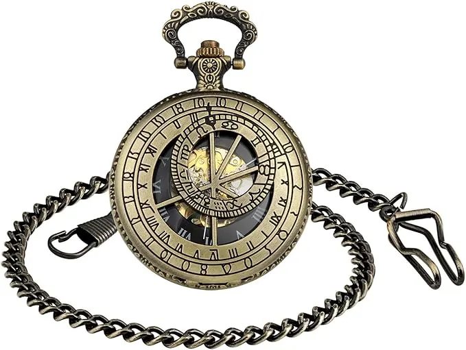 Infinito U-Reloj de Bolsillo Vintage para Hombre y Mujer Con 2 Cadena, 12 Constelación Brújula Mecánica Reloj de Bolsillo Rojo Bronce Llavero Steampunk Clásico Suéter Cadena Cadena de Cintura