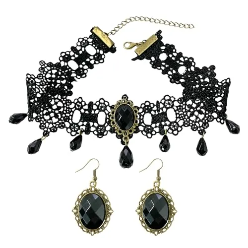 Collar de Encaje Negro Con Pendientes - Elegante y Sexy Cadena de Clavícula Ajustable - Juego de Accesorios Góticos Retro Versátil Para Mujer - Ideal Para Citas